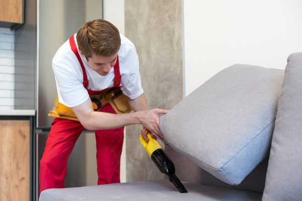 Man dry cleaner’s employee hand in protective rubber glove cleaning sofa with professionally extraction method. Early spring regular cleanup. Commercial cleaning company concept. Man dry cleaner's employee hand in protective rubber glove cleaning sofa with professionally extraction method. Early spring regular cleanup. Commercial cleaning company concept
